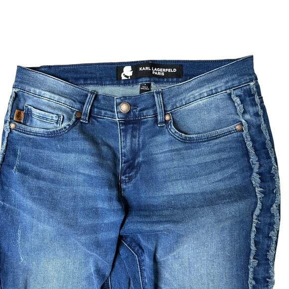 Karl Lagerfeld Paris Denim Skinny Jeans Raw Seams Distressed 4 Fringe Grunge - Picture 3 of 5